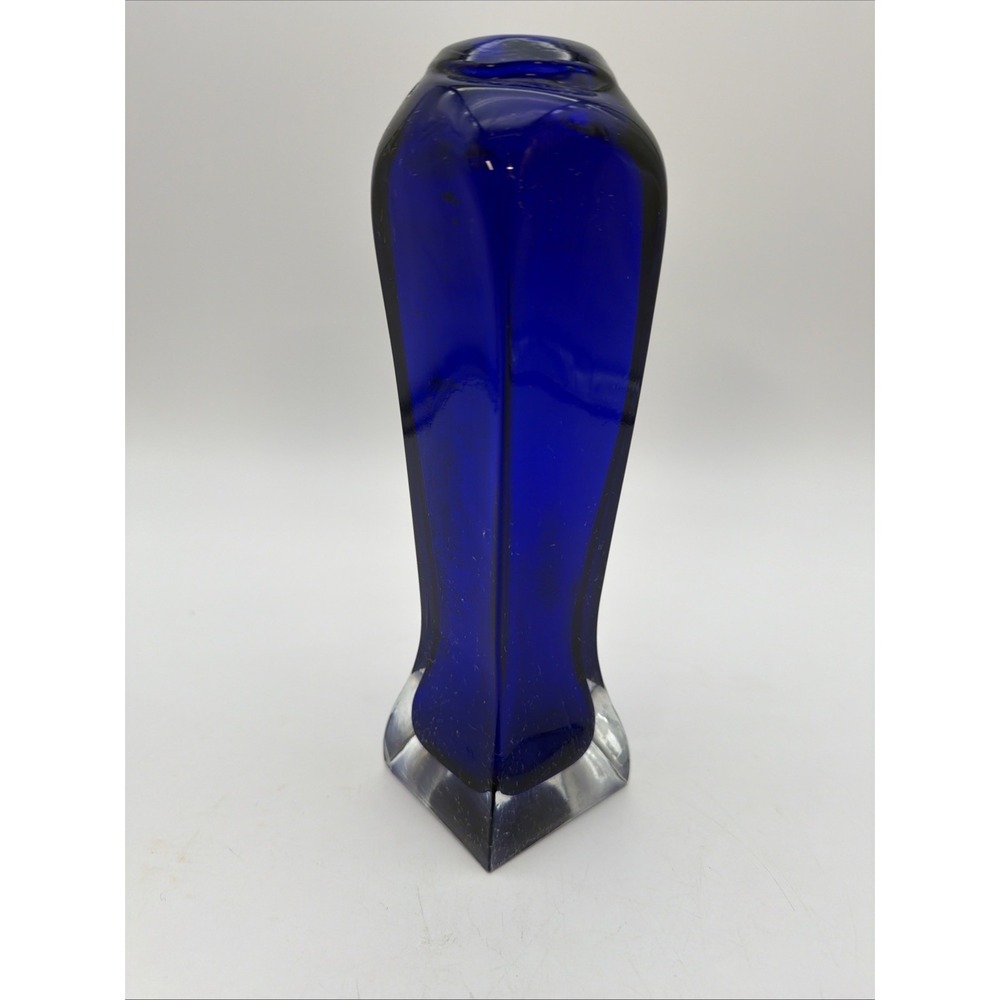 Cobalt Blue & Clear Tall Hand Blown Art Glass Bud Vase RARE SHAPE & SIZE